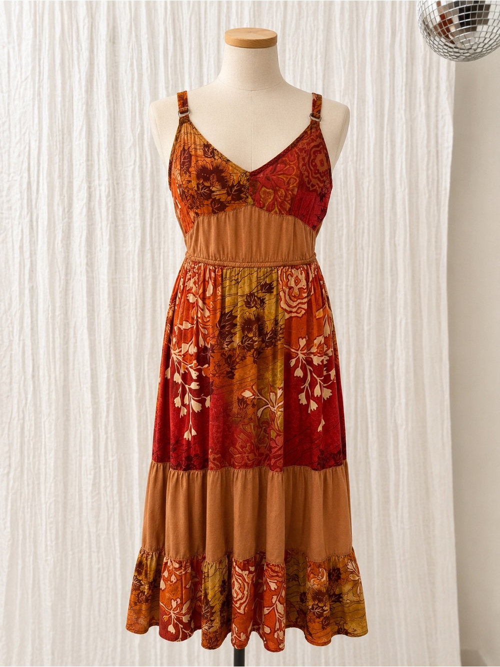 Boho Floral Patchwork Midi Dress in Rust